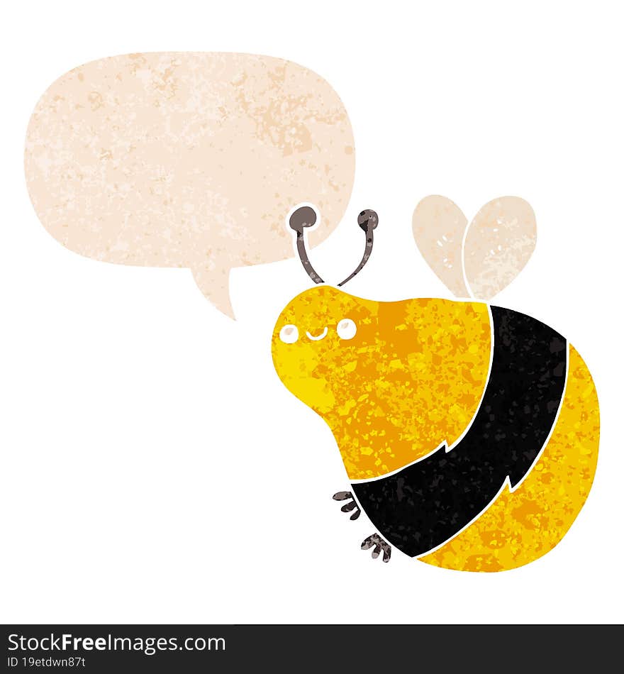 cartoon bee and speech bubble in retro textured style