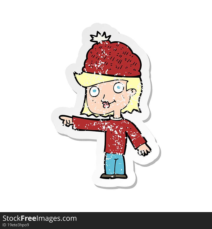 retro distressed sticker of a cartoon woman wearing winter hat