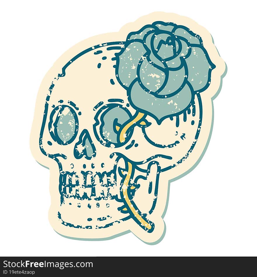 distressed sticker tattoo style icon of a skull and rose