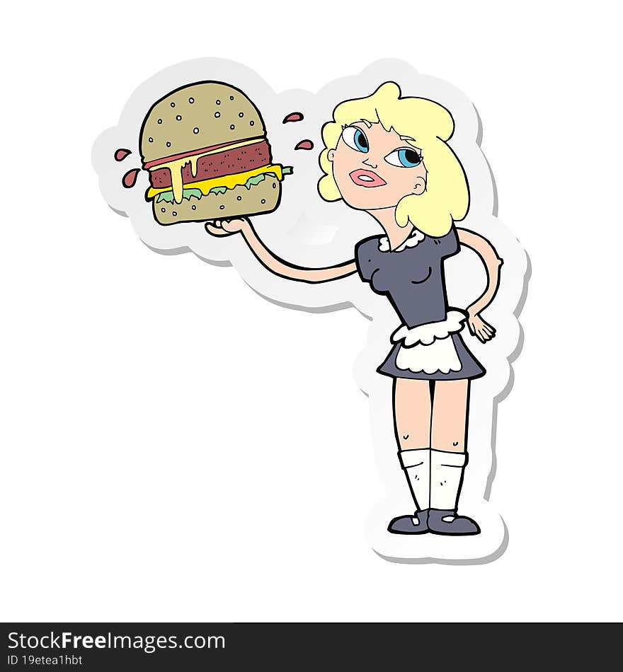 Sticker Of A Cartoon Waitress Serving Burger