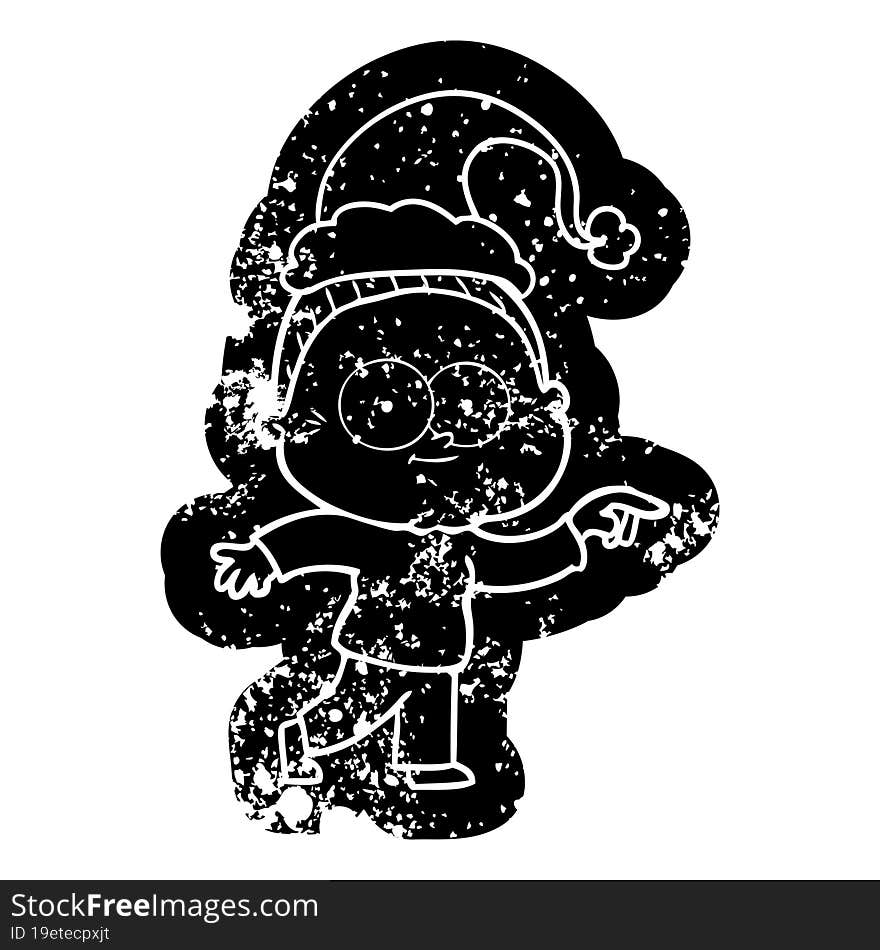 quirky cartoon distressed icon of a happy old woman wearing santa hat