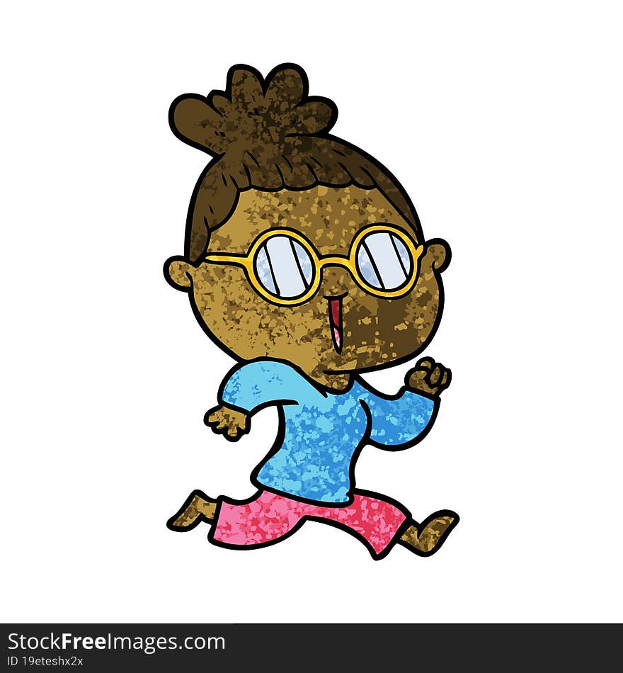 cartoon running woman wearing spectacles. cartoon running woman wearing spectacles