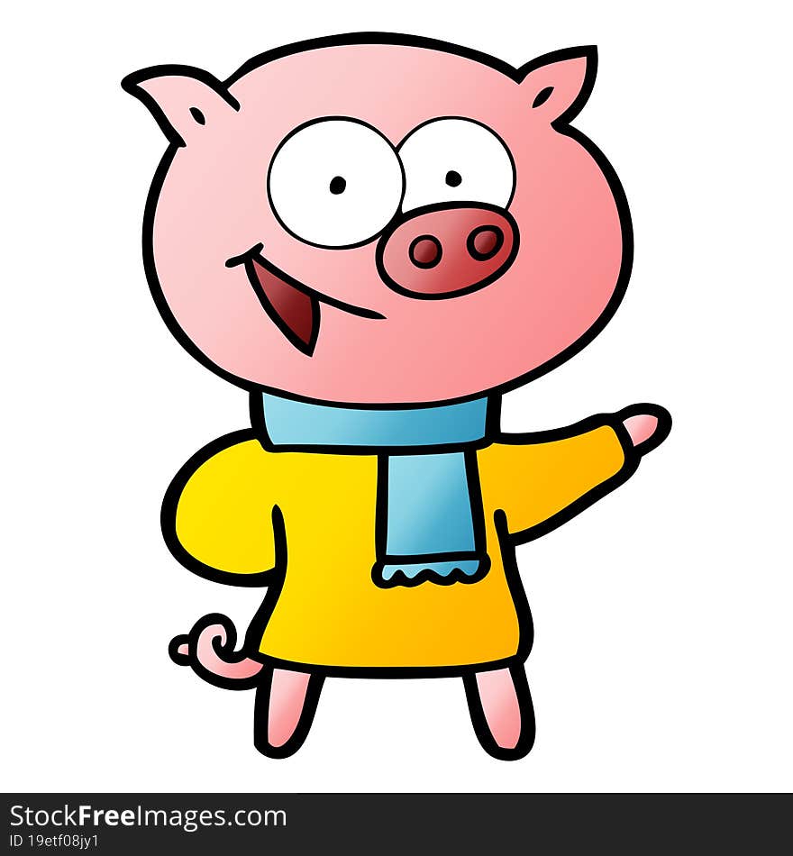 cheerful pig wearing winter clothes cartoon. cheerful pig wearing winter clothes cartoon