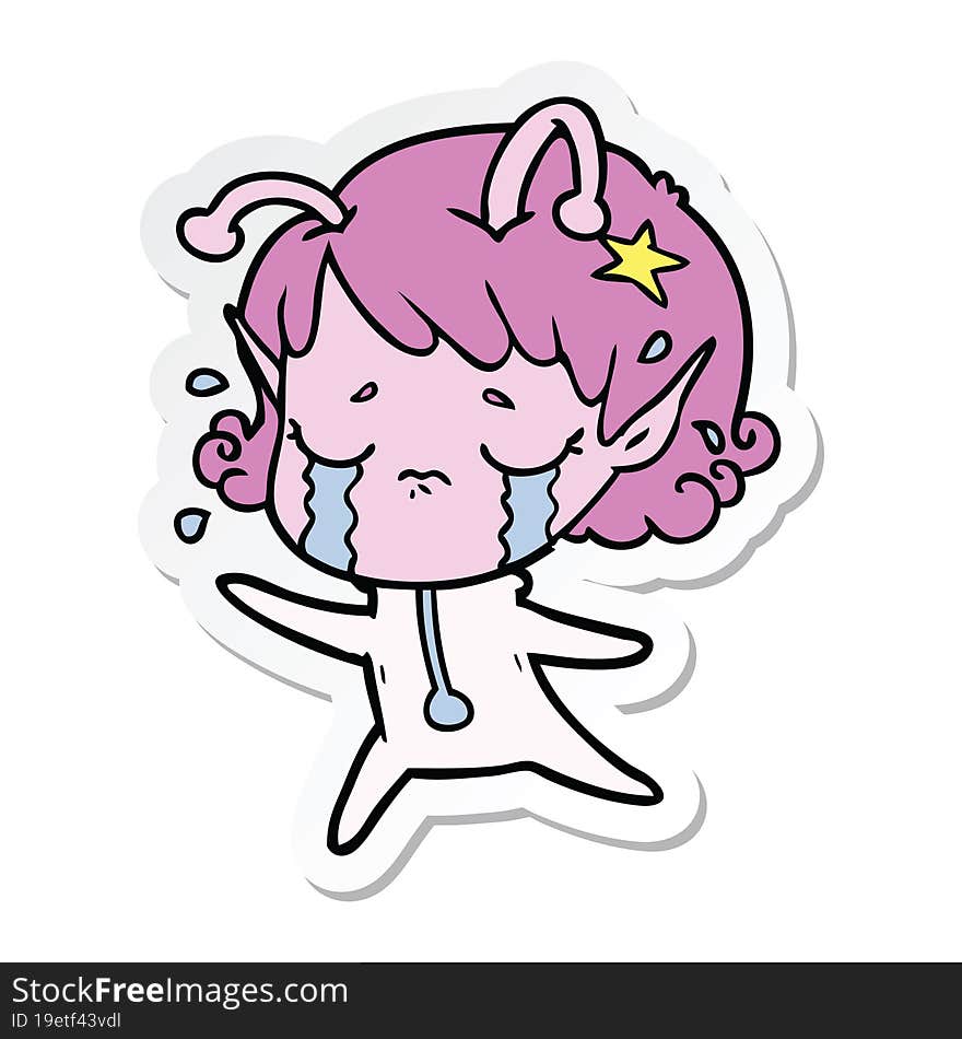 Sticker Of A Cartoon Crying Alien Girl