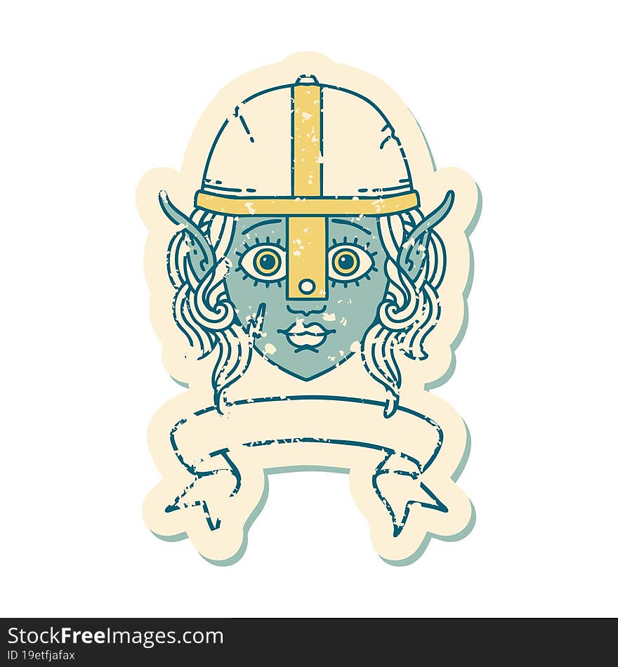 Retro Tattoo Style elf fighter character face with banner. Retro Tattoo Style elf fighter character face with banner