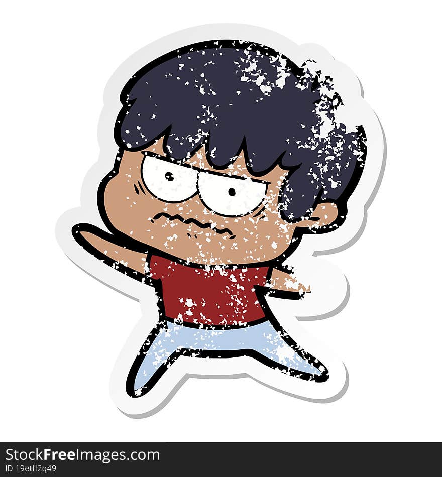 distressed sticker of a annoyed cartoon boy