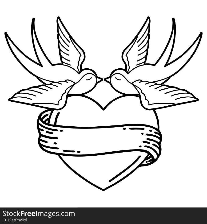 tattoo in black line style of swallows and a heart with banner. tattoo in black line style of swallows and a heart with banner