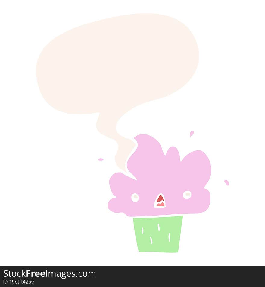 cartoon cupcake and speech bubble in retro style