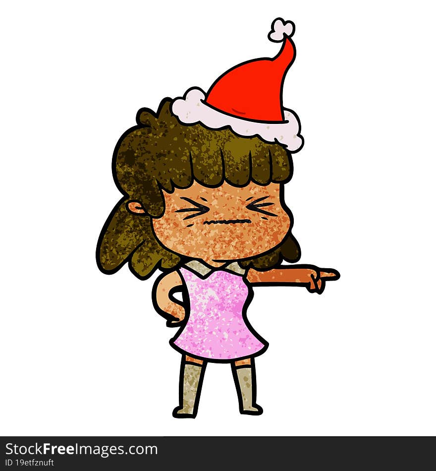 hand drawn textured cartoon of a woman wearing santa hat