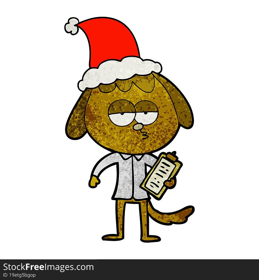 textured cartoon of a bored dog in office clothes wearing santa hat