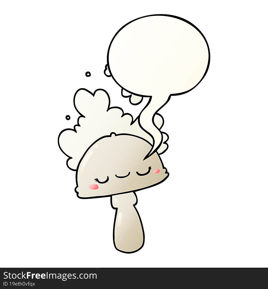 cartoon mushroom with spoor cloud with speech bubble in smooth gradient style. cartoon mushroom with spoor cloud with speech bubble in smooth gradient style