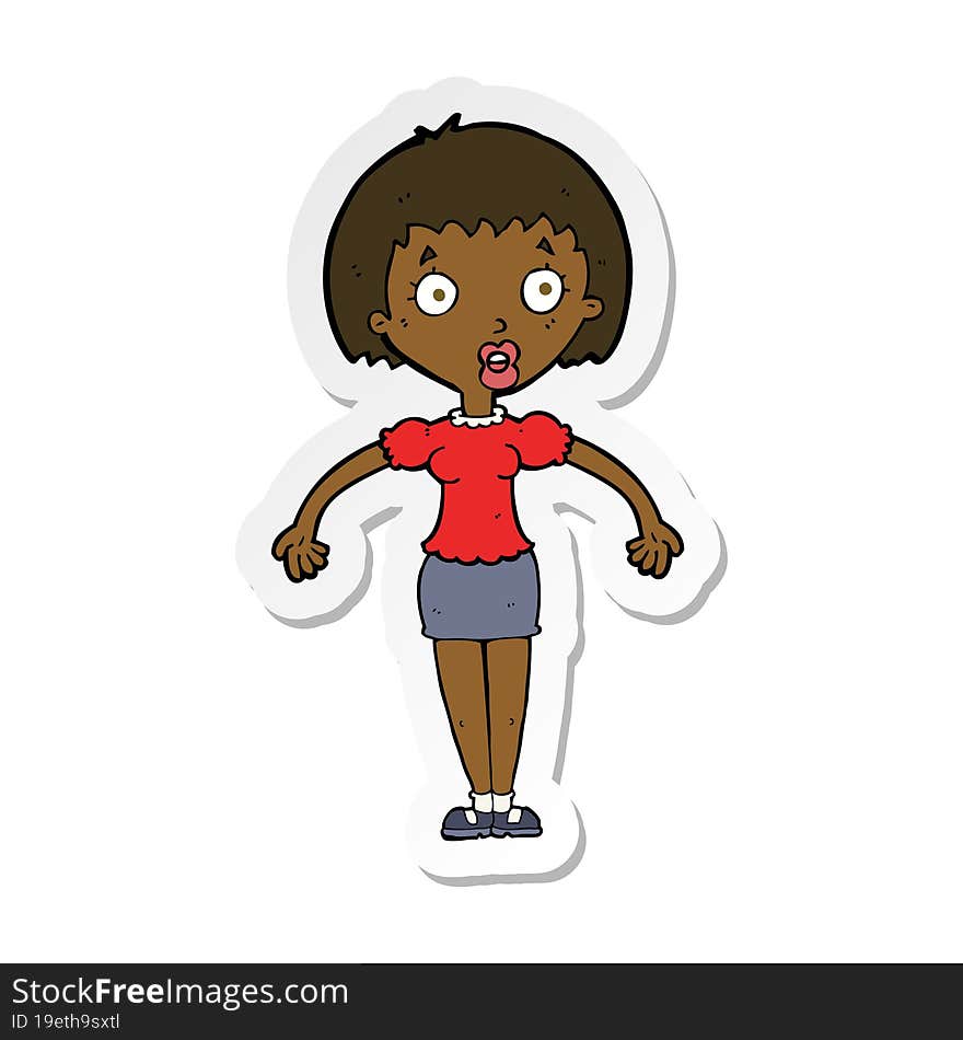 sticker of a cartoon confused woman shrugging shoulders