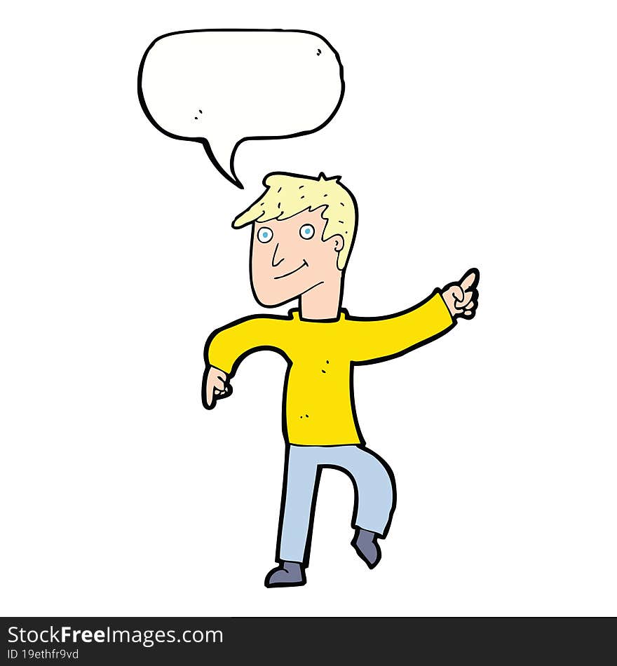 cartoon happy man pointing with speech bubble