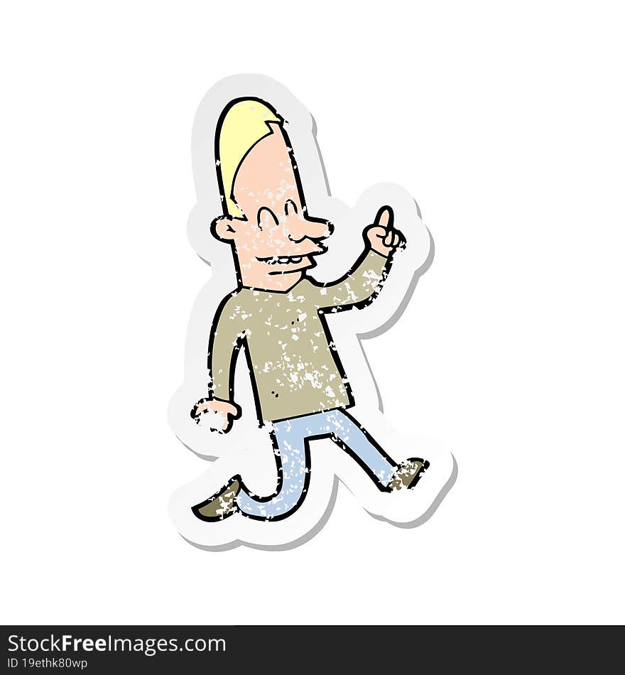 retro distressed sticker of a cartoon happy man pointing