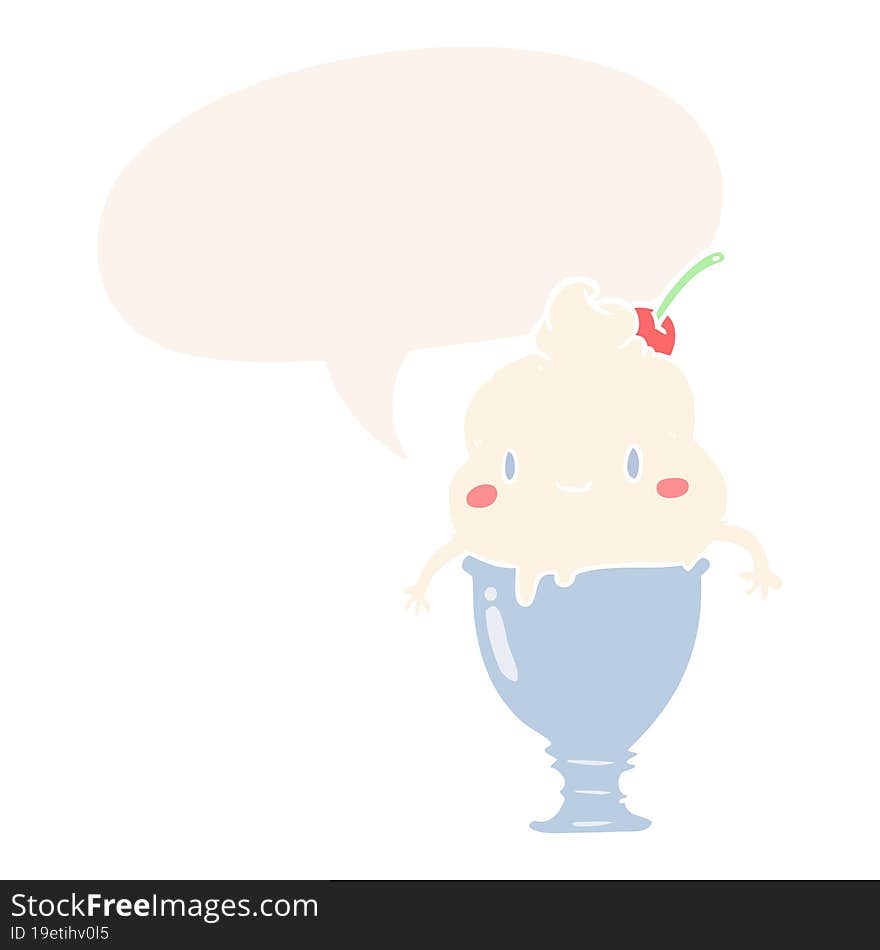 cute cartoon ice cream and speech bubble in retro style