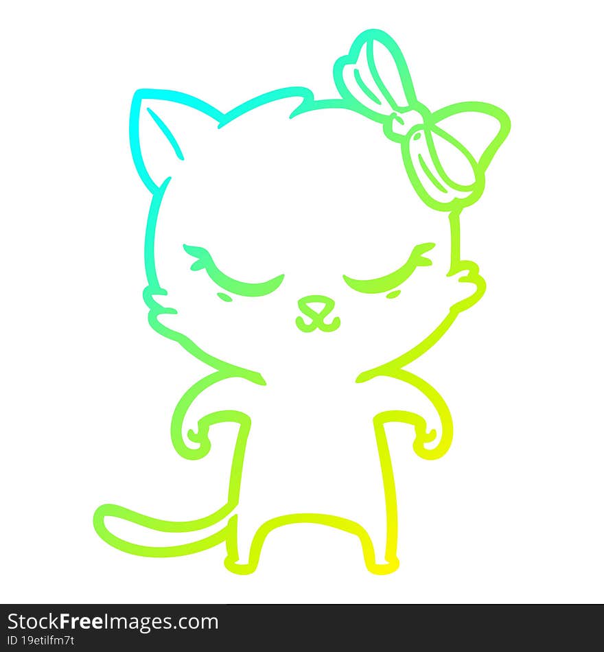 Cold Gradient Line Drawing Cute Cartoon Cat With Bow