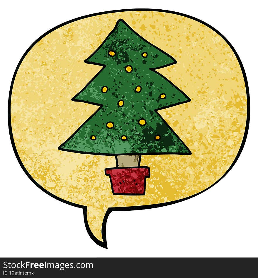 Cartoon Christmas Tree And Speech Bubble In Retro Texture Style