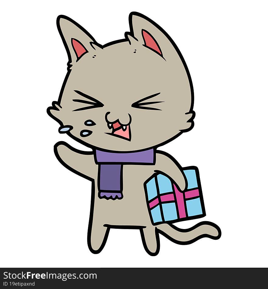 cartoon hissing cat with christmas present. cartoon hissing cat with christmas present