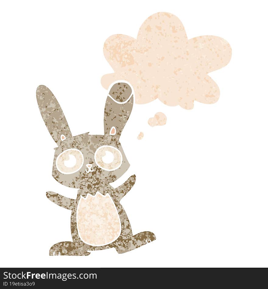 cute cartoon rabbit with thought bubble in grunge distressed retro textured style. cute cartoon rabbit with thought bubble in grunge distressed retro textured style