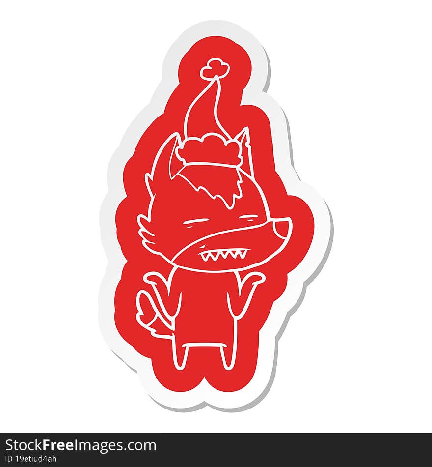 quirky cartoon  sticker of a wolf showing teeth wearing santa hat