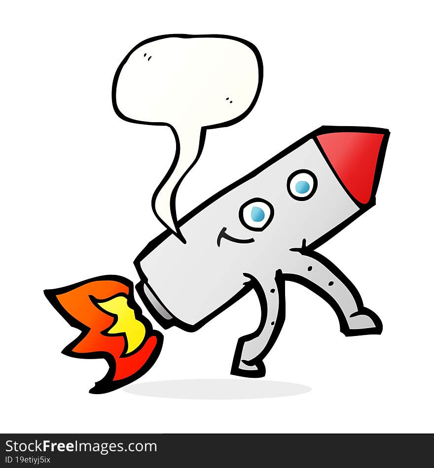 cartoon happy rocket with speech bubble