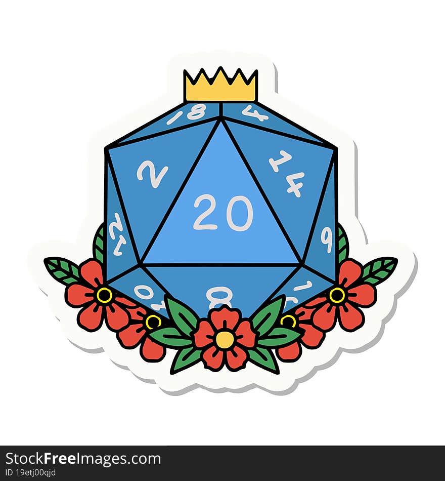 sticker of a natural 20 D20 dice roll with floral elements. sticker of a natural 20 D20 dice roll with floral elements