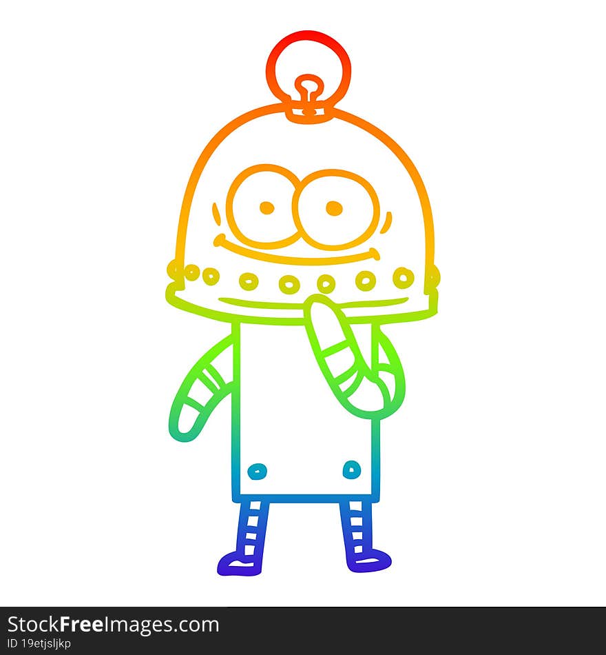 rainbow gradient line drawing of a happy carton robot with light bulb