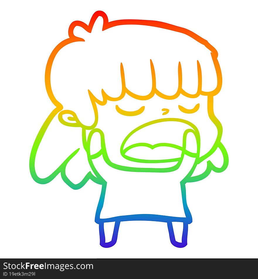 rainbow gradient line drawing of a cartoon woman talking loudly