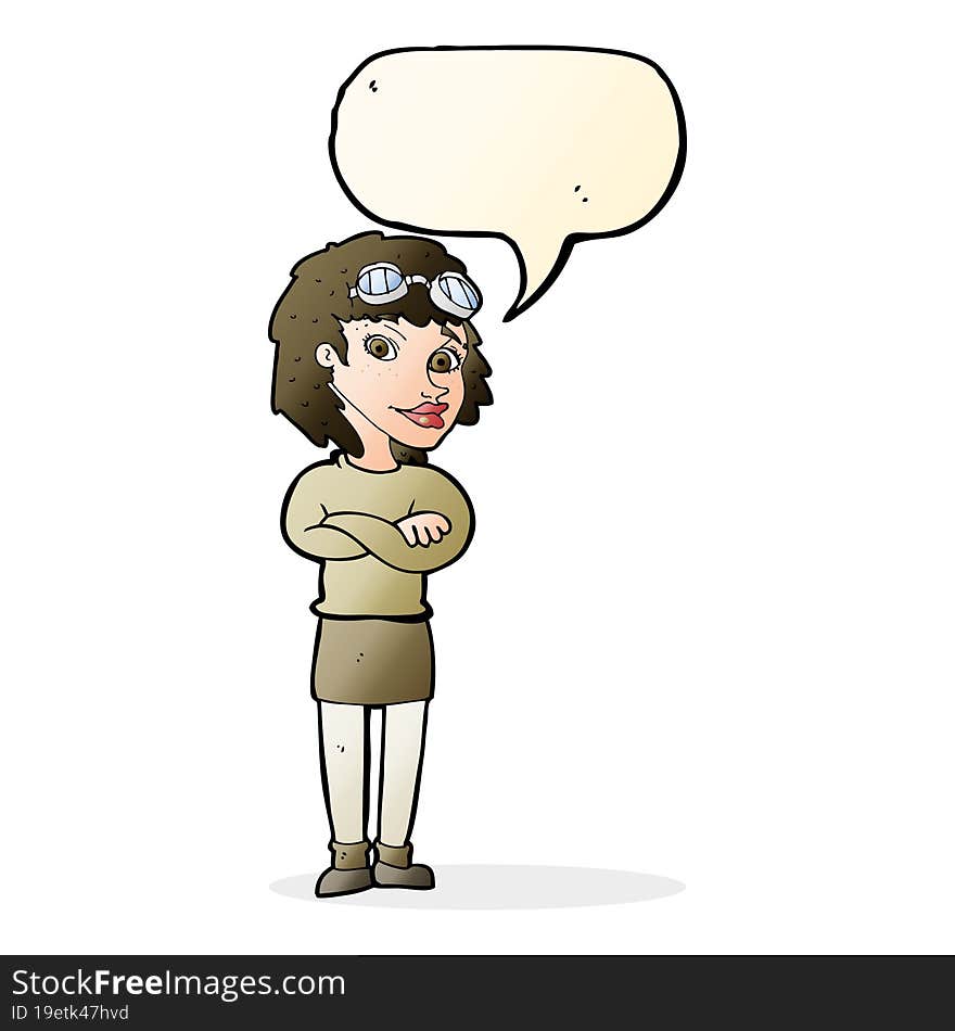 cartoon woman with crossed arms and safety goggles with speech bubble