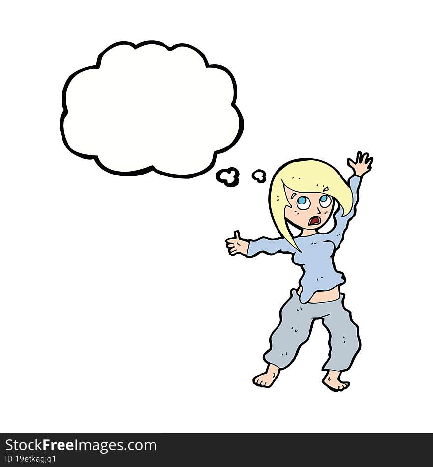 cartoon frightened woman with thought bubble