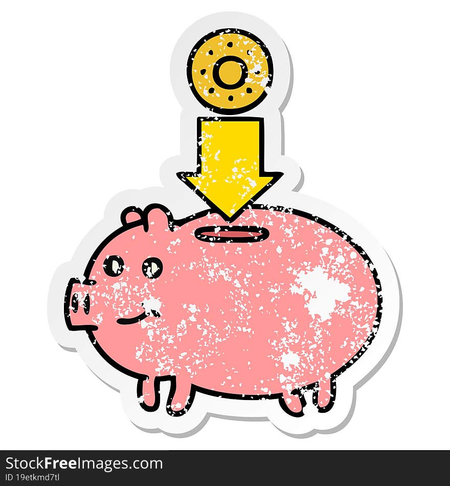 distressed sticker of a cute cartoon piggy bank