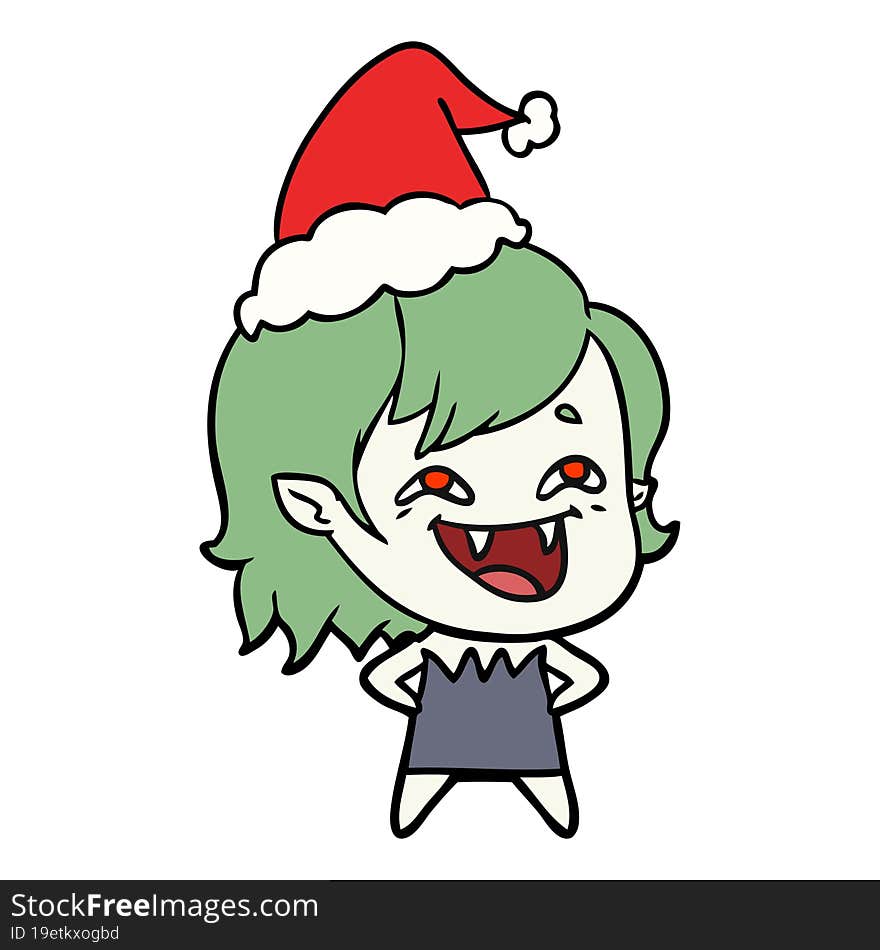 line drawing of a laughing vampire girl wearing santa hat