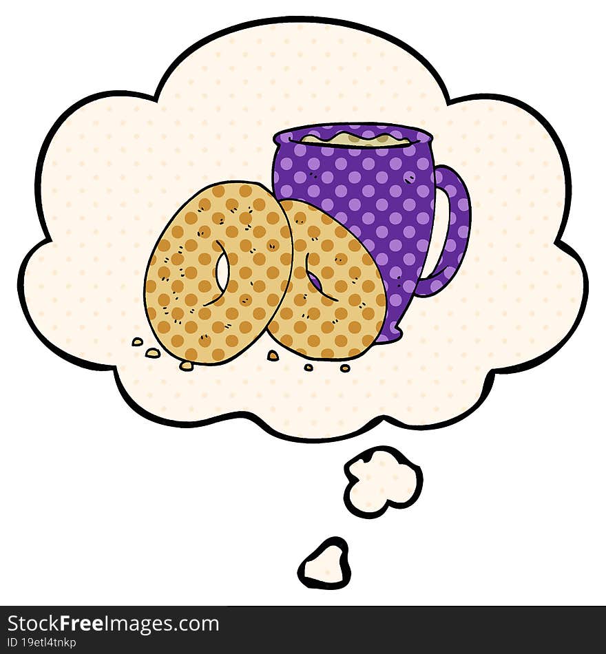 cartoon coffee and donuts with thought bubble in comic book style