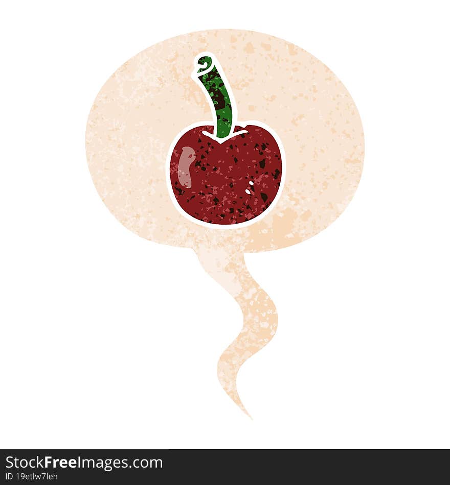 cartoon cherry and speech bubble in retro textured style