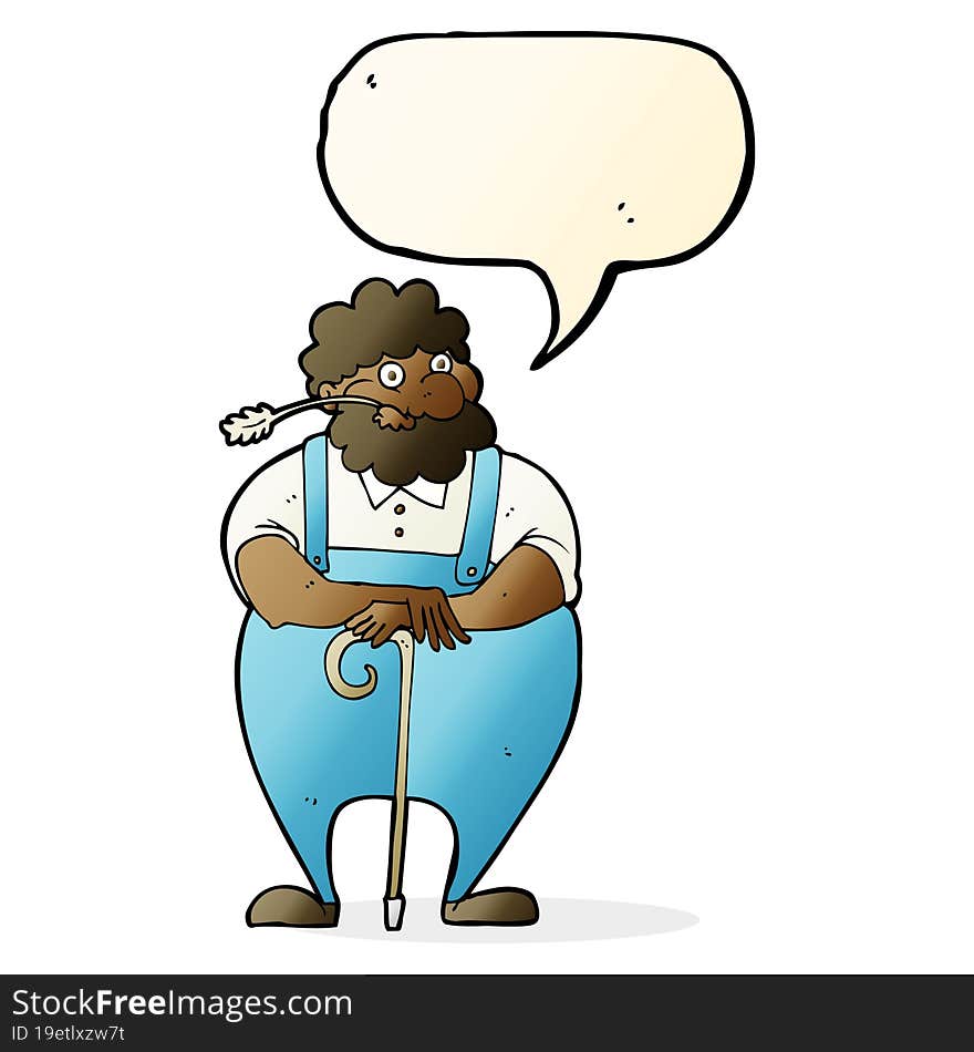 Cartoon Farmer Leaning On Walking Stick With Speech Bubble