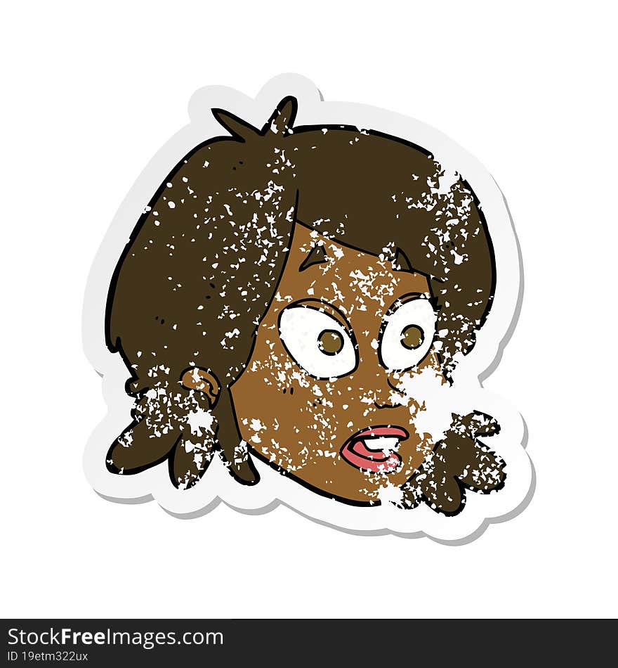 retro distressed sticker of a cartoon female face with surprised expression