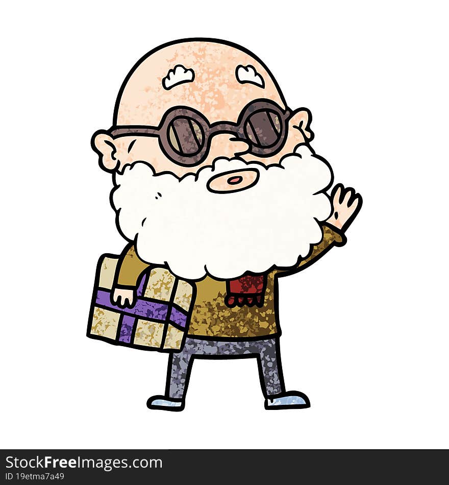 cartoon curious man with beard sunglasses and present. cartoon curious man with beard sunglasses and present