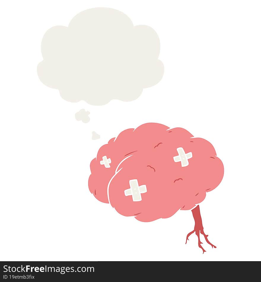 cartoon injured brain and thought bubble in retro style