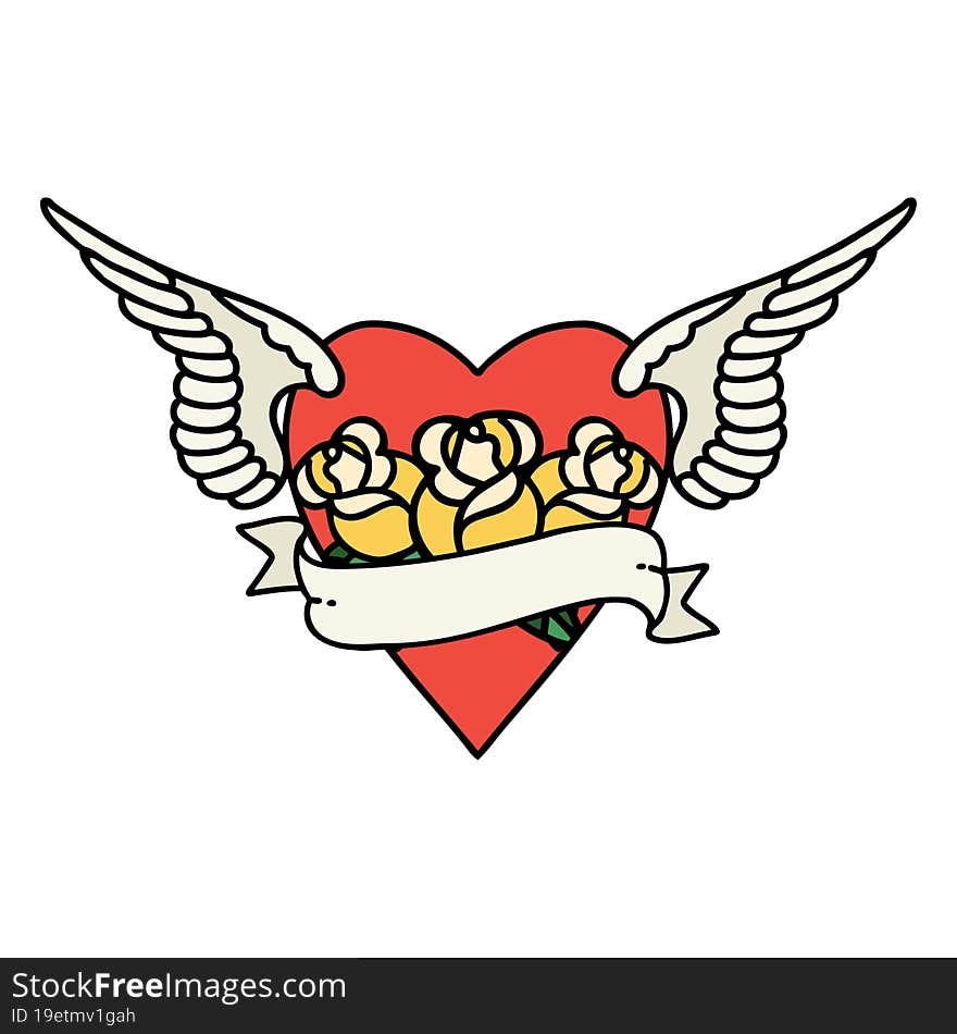 Traditional Tattoo Of A Heart With Wings Flowers And Banner