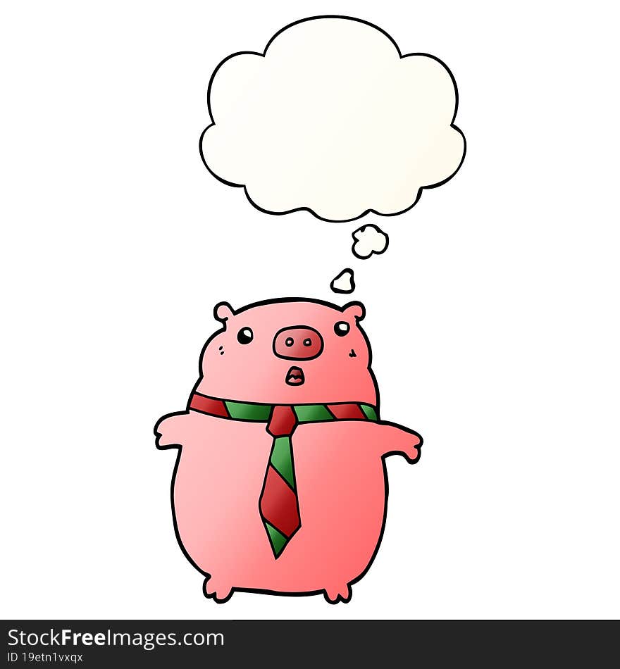 cartoon pig wearing office tie and thought bubble in smooth gradient style