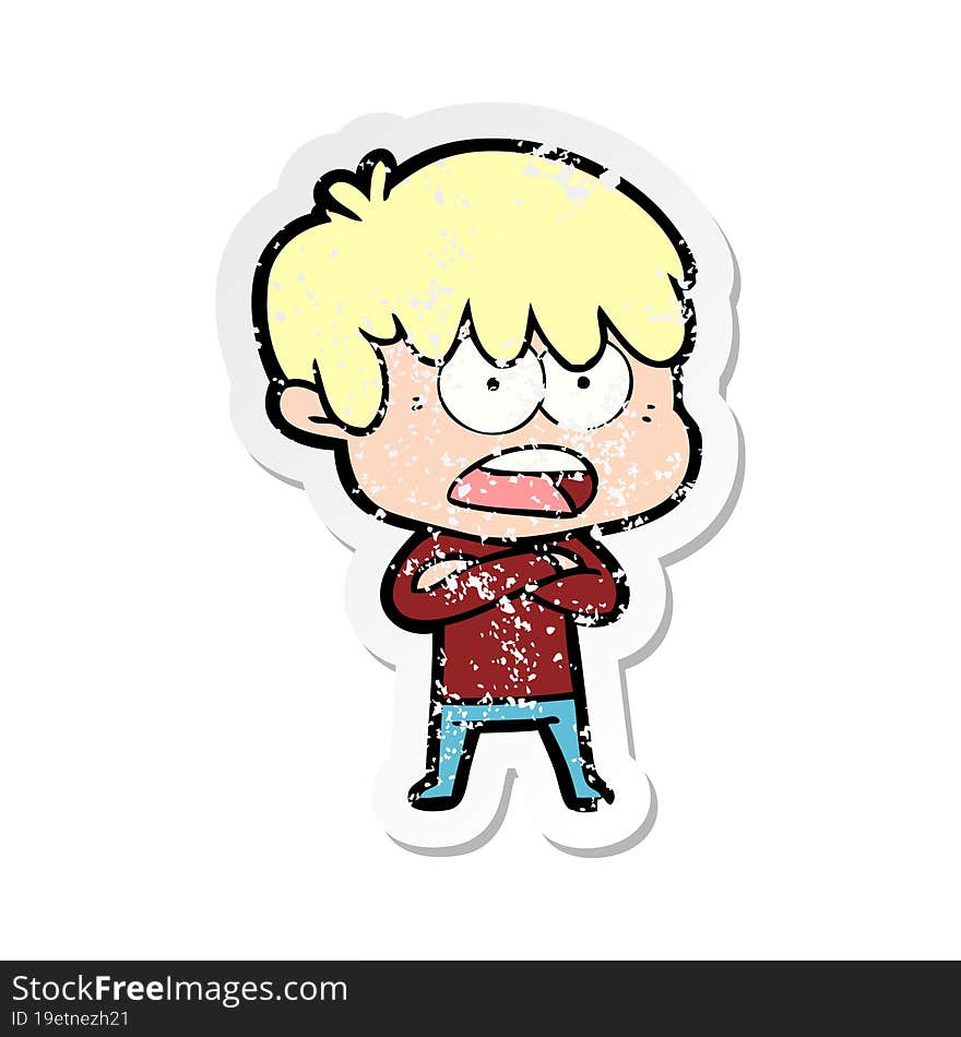 distressed sticker of a worried cartoon boy