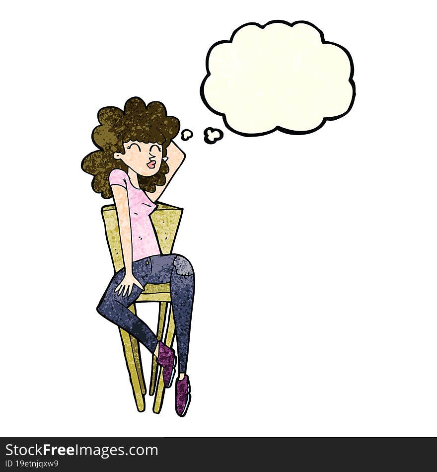 cartoon woman posing on chair with thought bubble