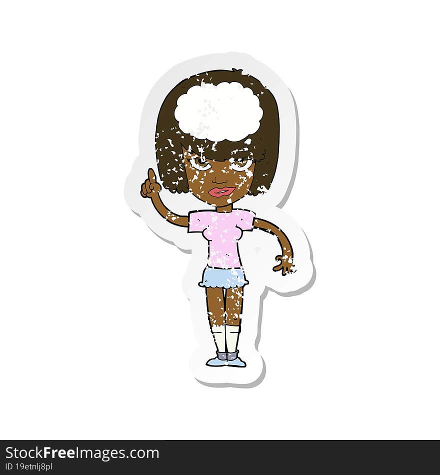 retro distressed sticker of a cartoon woman with idea