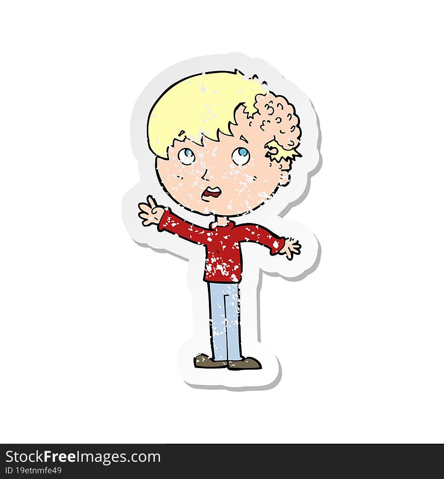 Retro Distressed Sticker Of A Cartoon Boy With Growth On Head