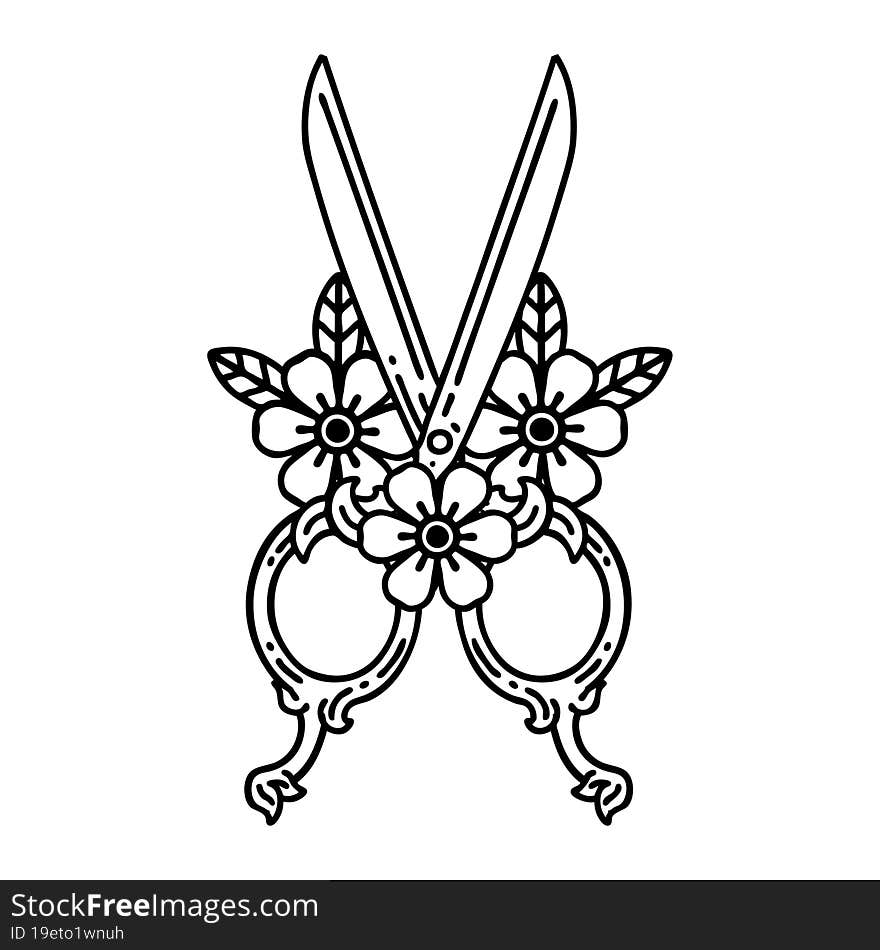 Black Line Tattoo Of A Barber Scissors And Flowers