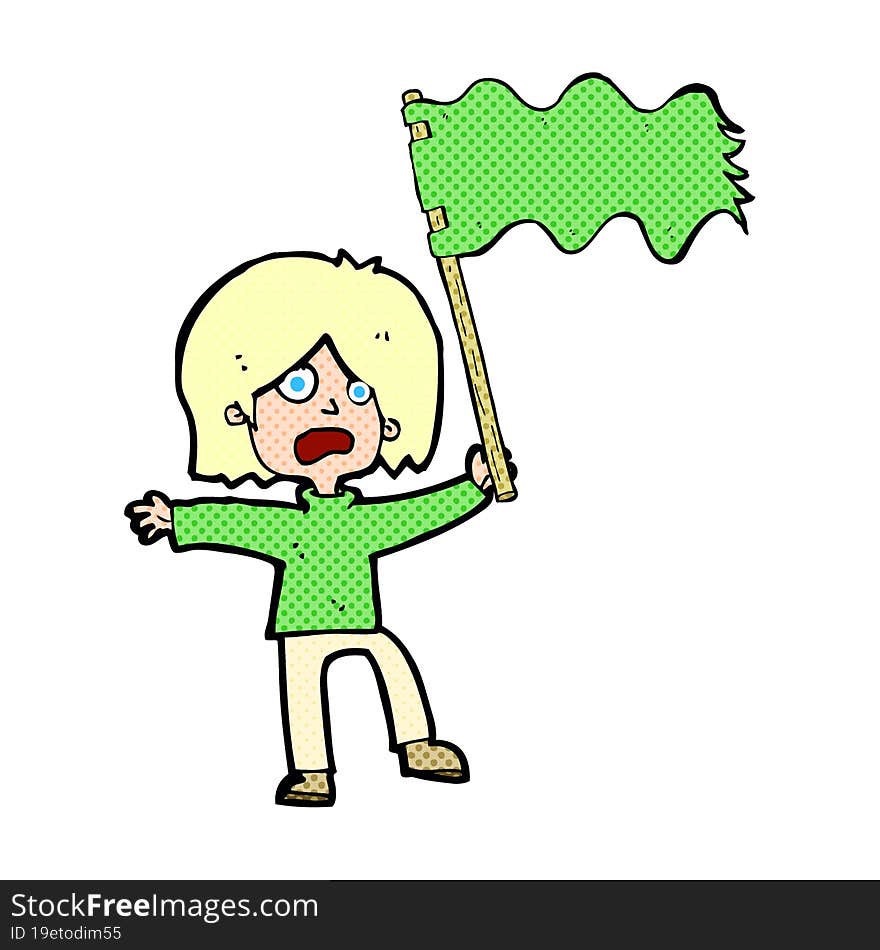 cartoon woman waving green flag