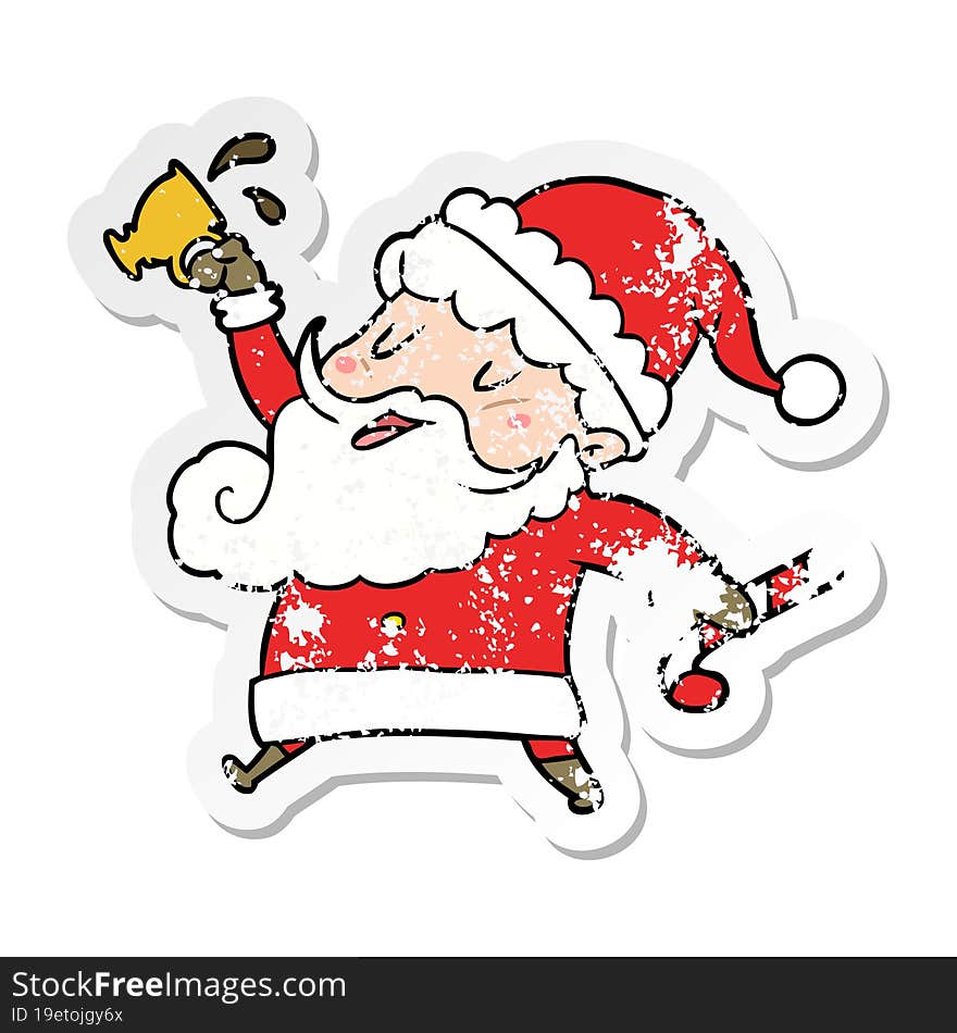 distressed sticker of a cartoon santa claus with hot cocoa