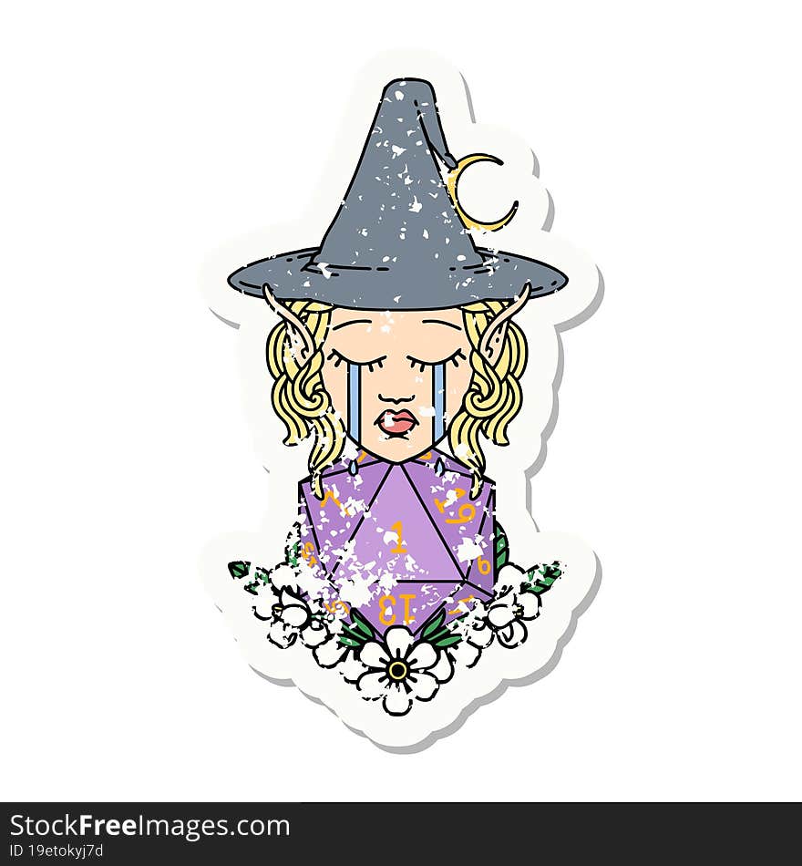 grunge sticker of a crying elf witch with natural one D20 roll. grunge sticker of a crying elf witch with natural one D20 roll