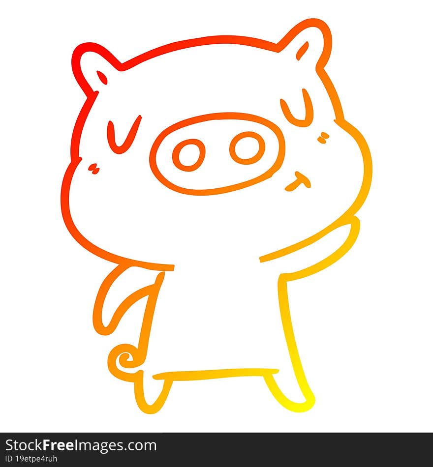 warm gradient line drawing of a cartoon content pig