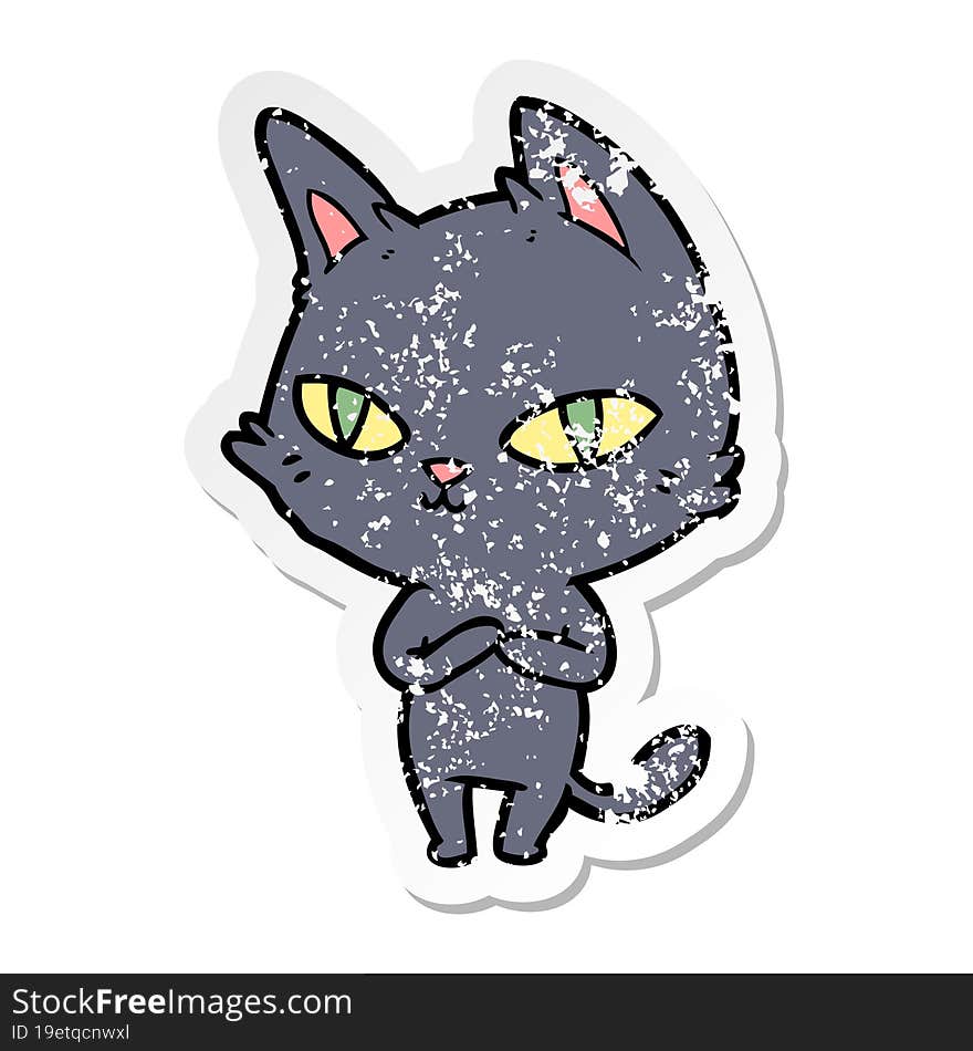 Distressed Sticker Of A Cartoon Cat Staring